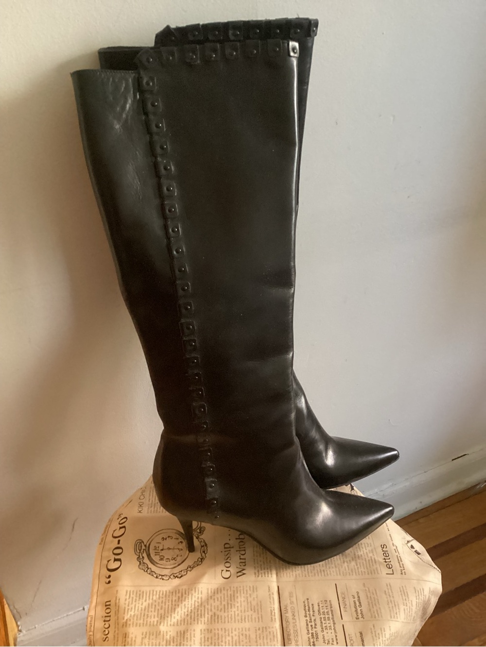 Burberry Black Leather Over-the-Knee Pointed-Toe Boots with Stud Trim